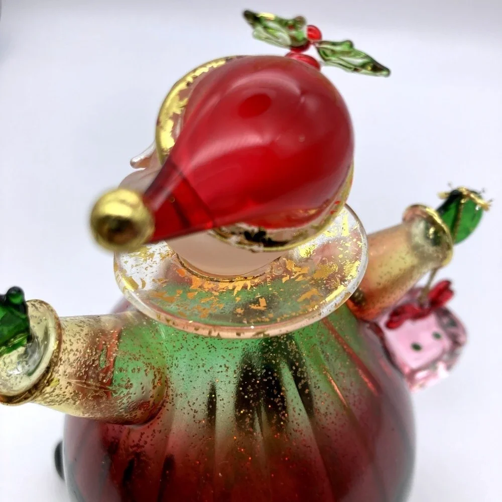 Vintage 1990's Hand Blown Glass Santa Figurine Pear Shaped Waving With Gift Fun